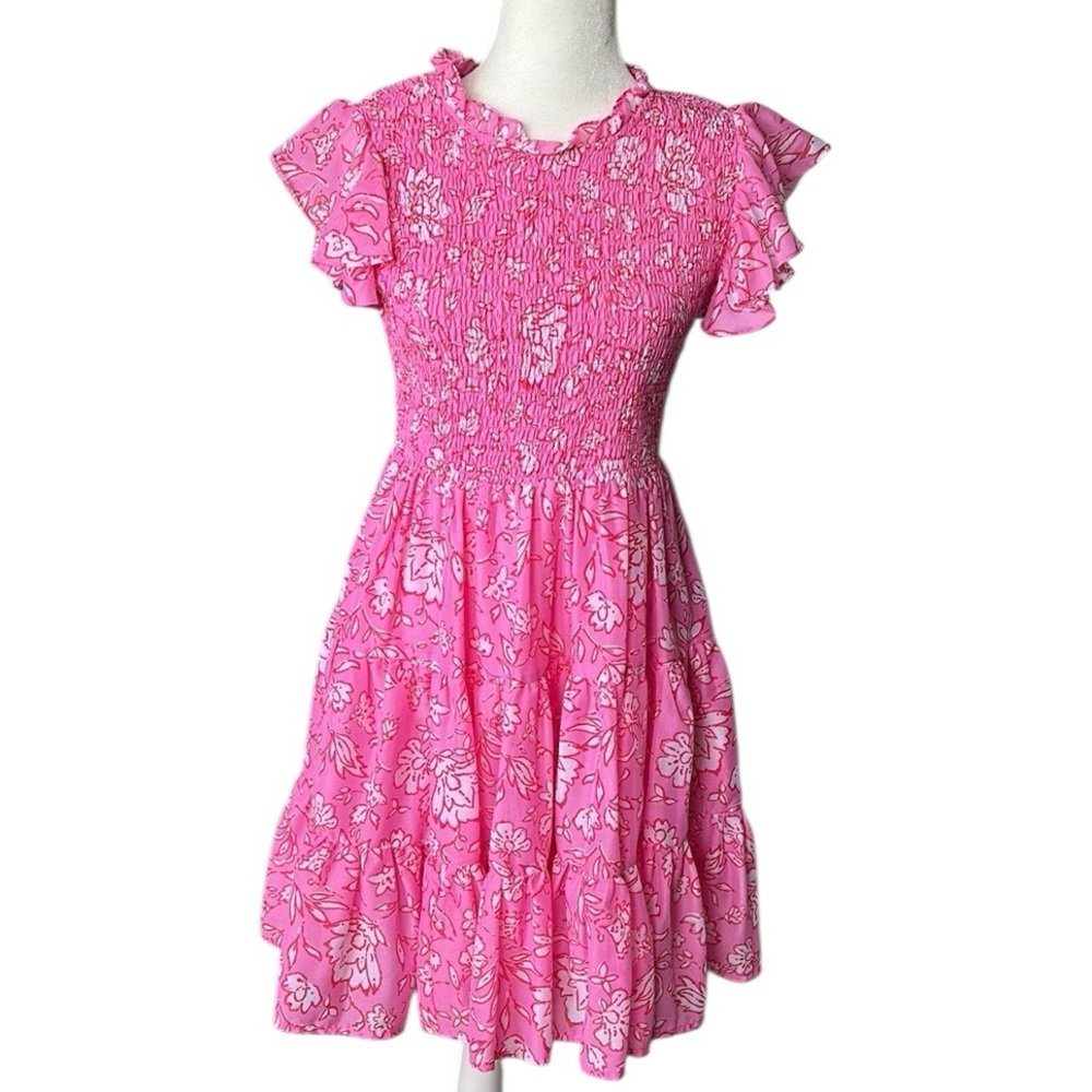 J.Marie hot pink floral dress tiered skirt vacation summer graduation size M